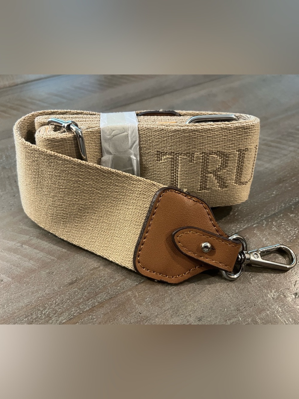 True Religion Canvas Guitar Strap with Brown Leather Trim, Silver Hardware